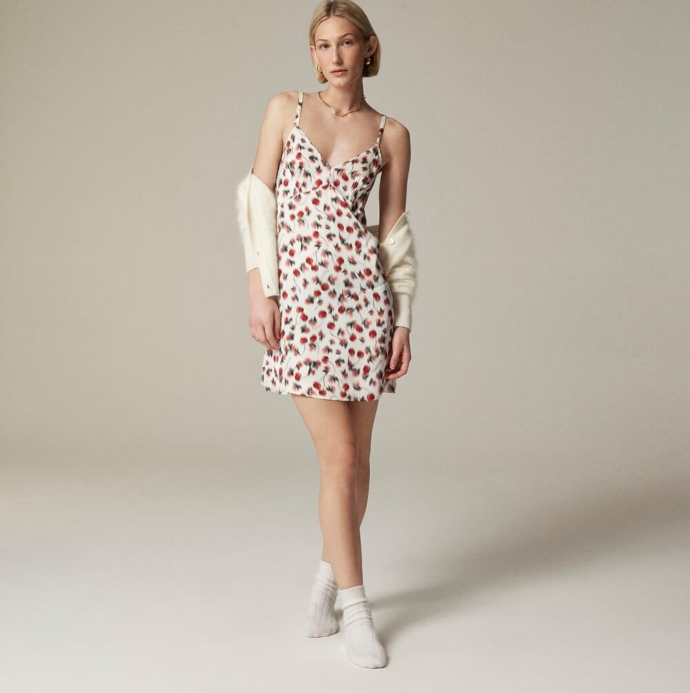 J.Crew Soft Shine Slip Dress Blurry Cherry Print Viscose Lounge White XXS NWT